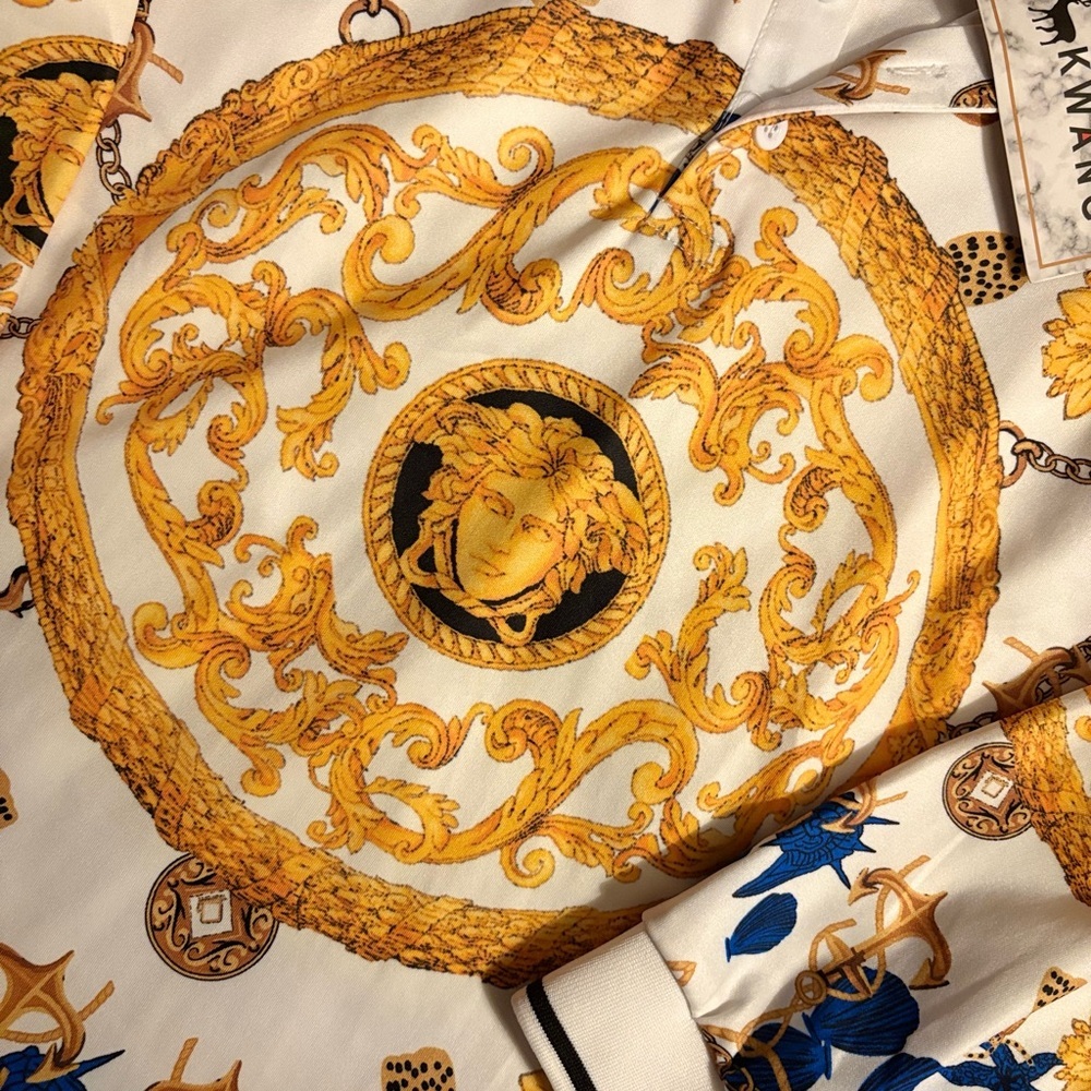 Fashion Gold and Blue Patterned Long Sleeve Polo with Medusa Head - Picture 2 of 2